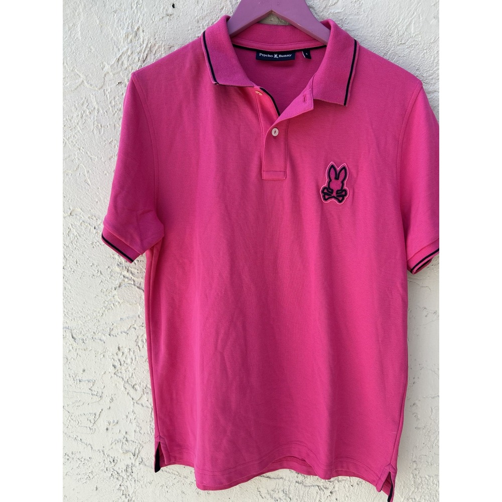 Psycho Bunny Mens Pink Pique Short Sleeve Polo Shirt Navy Tipping Logo Size 5 M